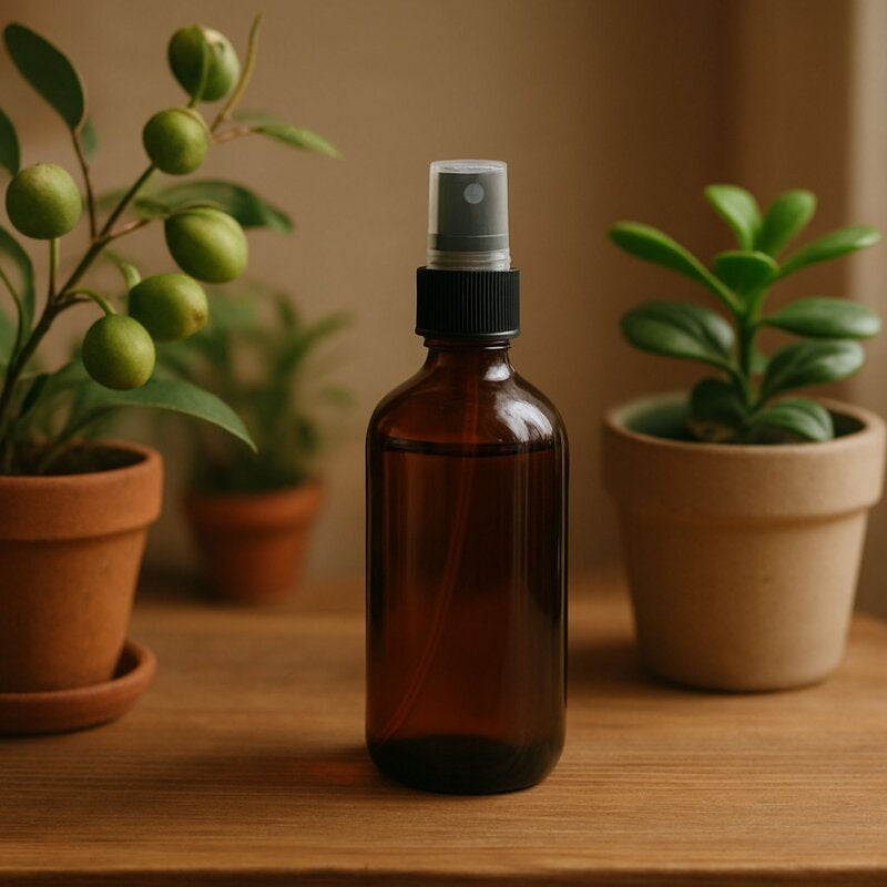Brown glass spray bottle on a wooden surface with potted plants in the background