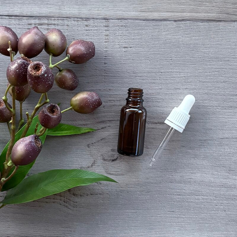 20ml amber glass bottle with white tamper evident dropper