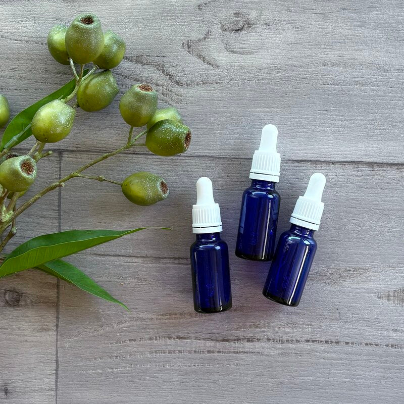 20ml blue glass bottle with white tamper evident dropper x 3