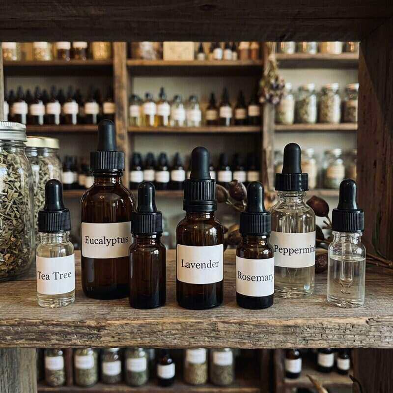 Row of essential oil bottles with labels on a wooden shelf.
