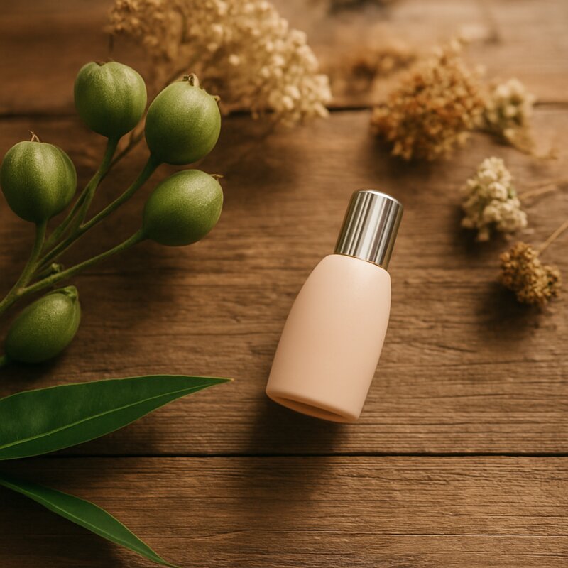 Beige bottle with silver cap on a wooden surface with green leaves and flowers.