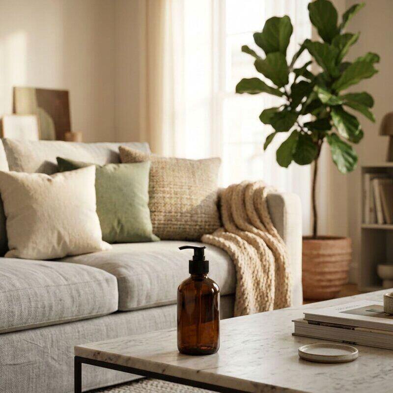 Living room with a couch, coffee table, and plant
