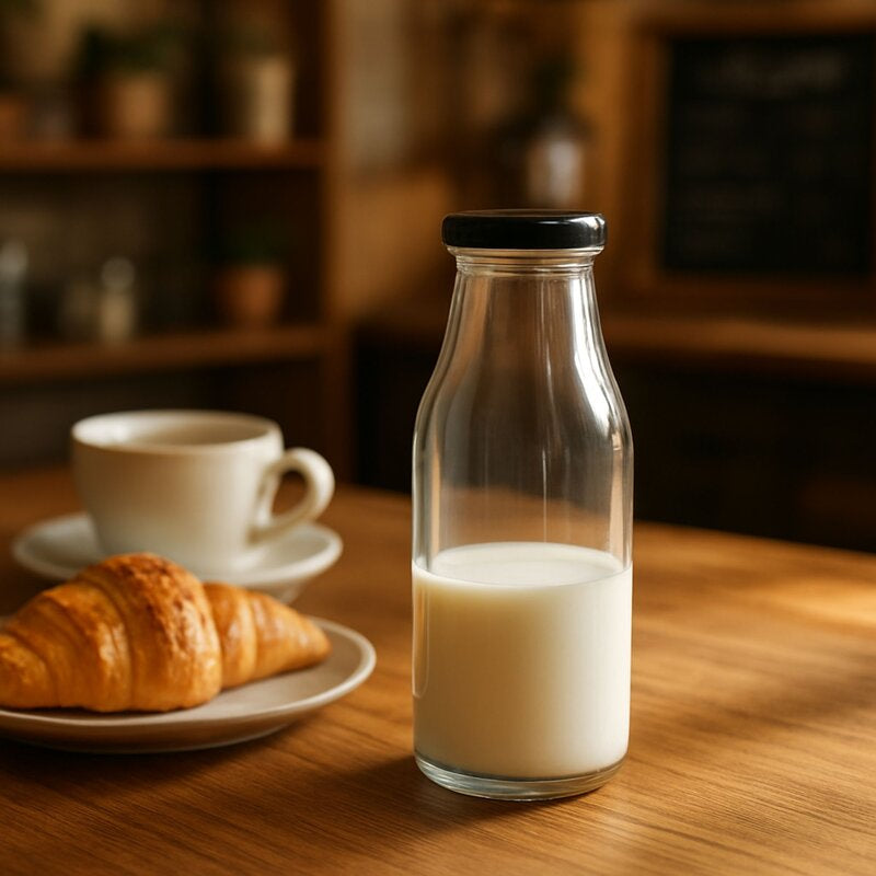 Glass bottle of milk with a croissant and coffee cup on a wooden table.