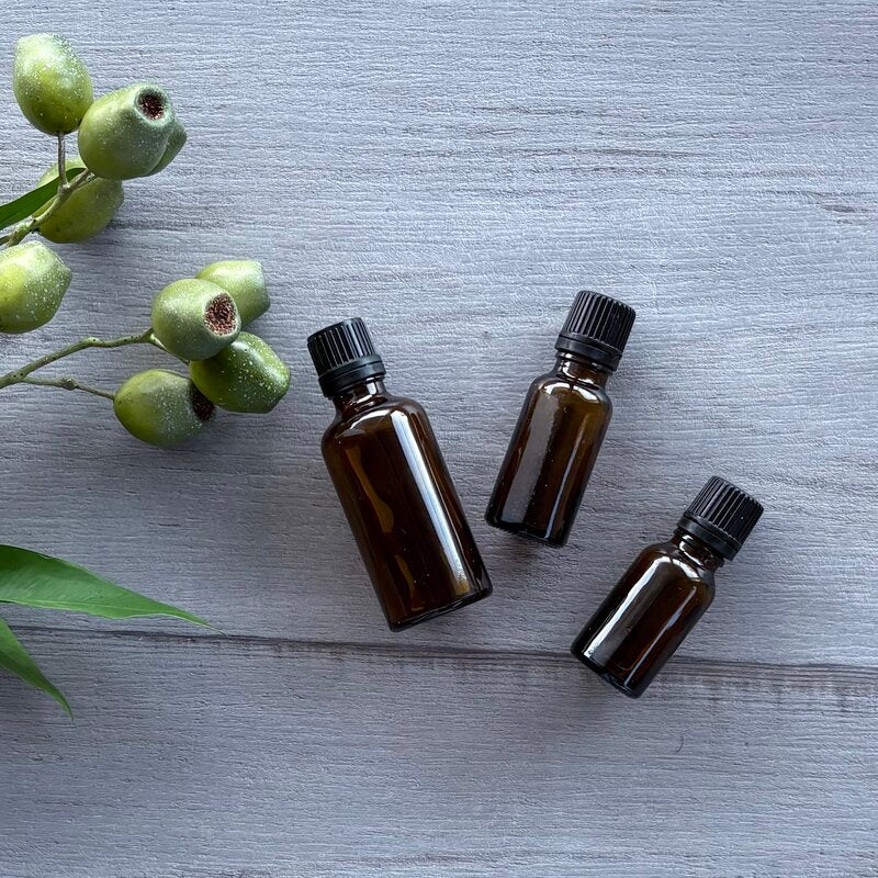 50ml & 20ml amber glass bottle with black tamper evident lid with dripolator 