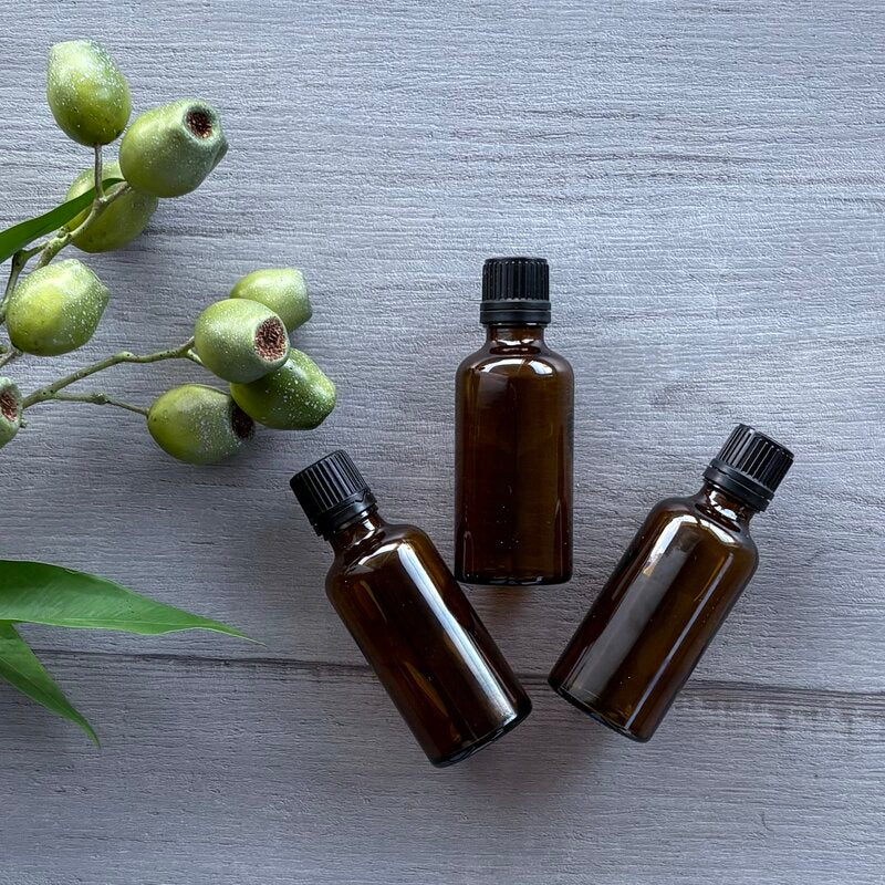 50ml amber glass bottle with black tamper evident lid with dripolator x3