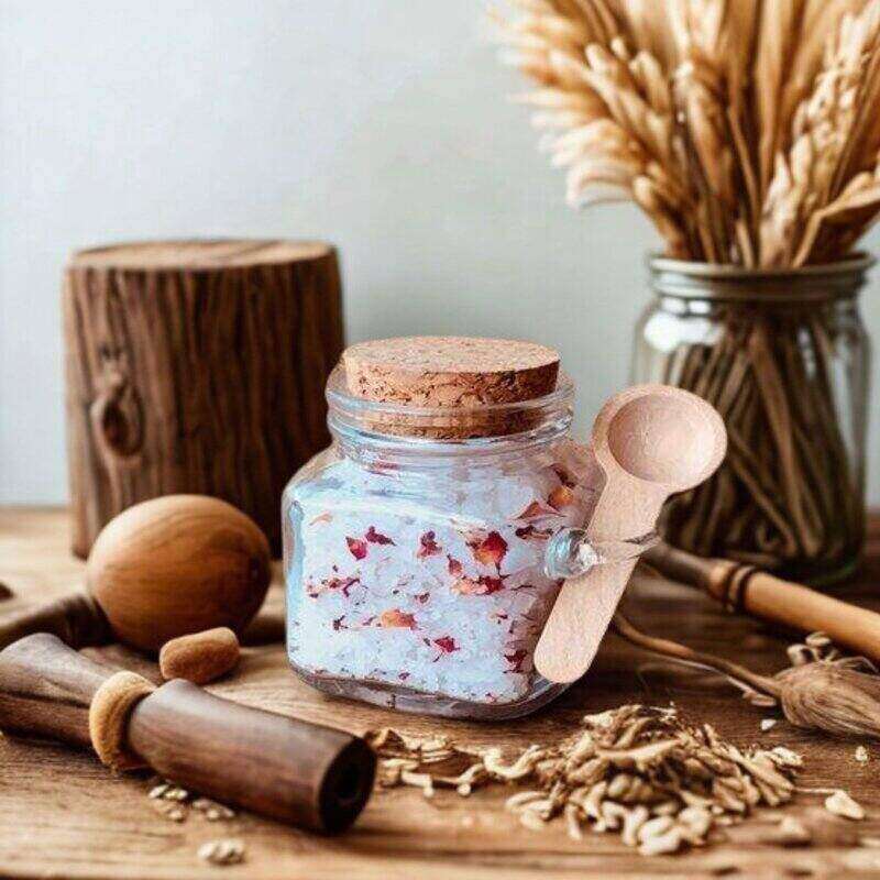 Jar of bath salts with a wooden spoon on a wooden surface with natural elements.
