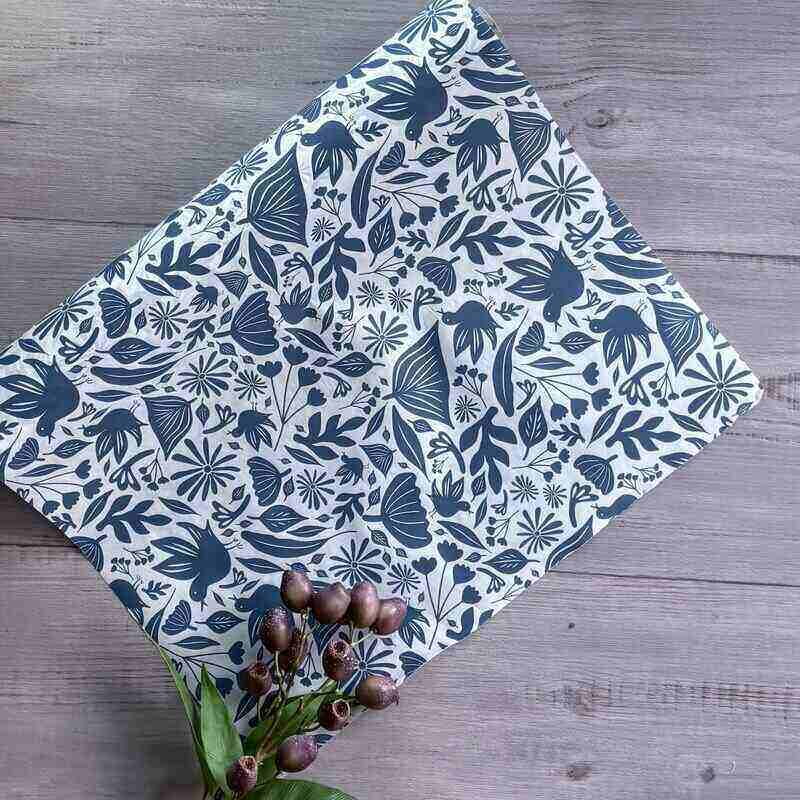 birdsong blue and white wrapping paper 49mm x 50mt bulk roll