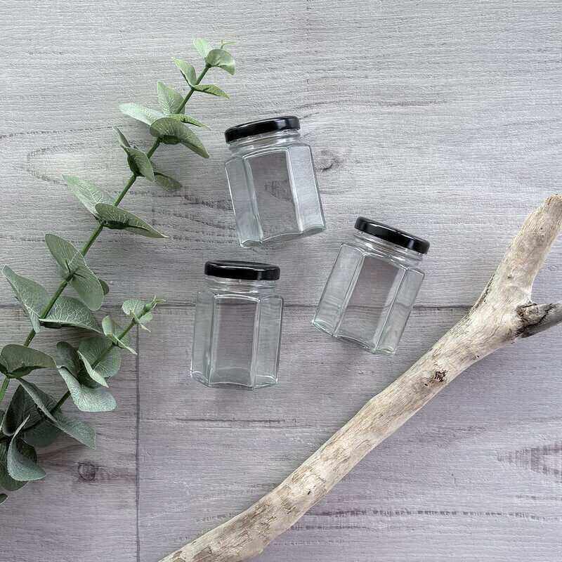 Hexagonal Jam Jar 110ml  - Black Lid x3