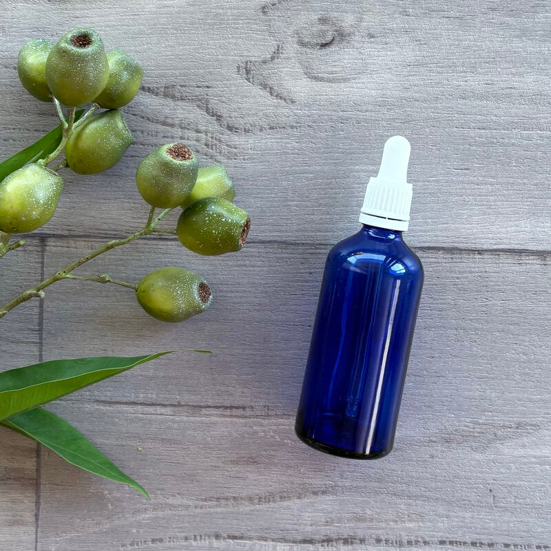 100ml blue glass bottle with white tamper evident dropper single bottle