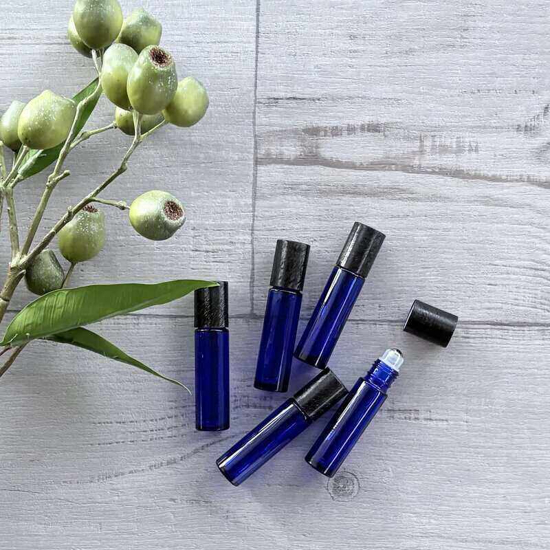 10ml Blue Roller Bottle with Brushed Black Lid - 5 Pack lid off