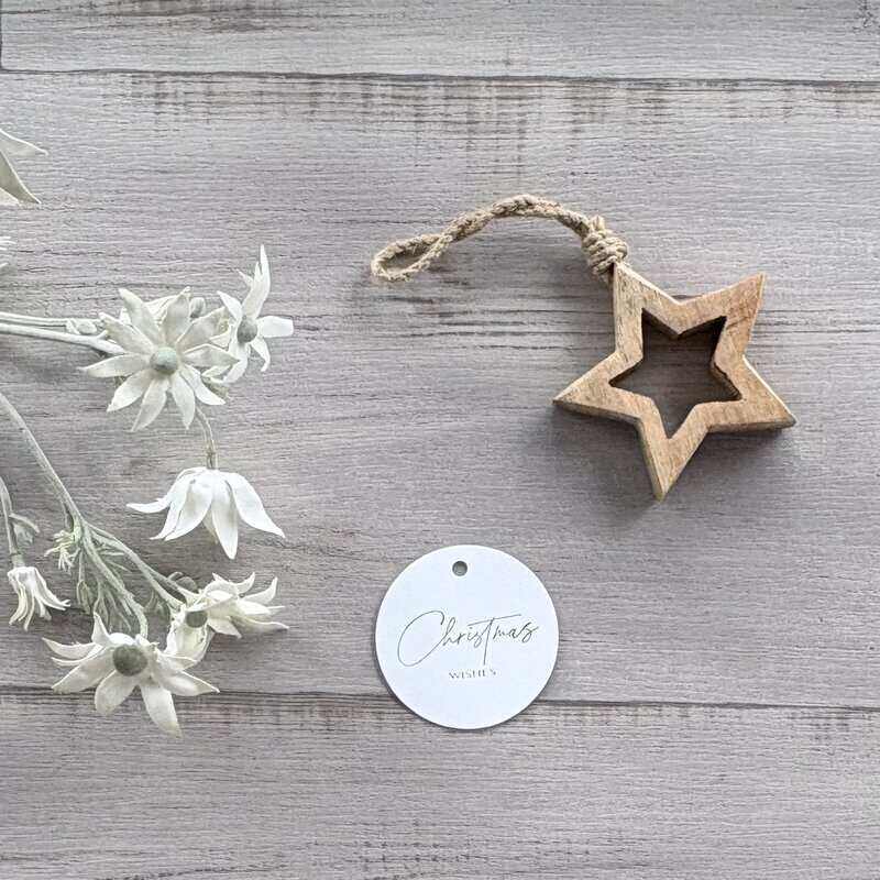Round white cardboard Christmas gift tags printed with silver Christmas wishes, featuring a hanging hole for ribbon or twine, supplied in a pack of 20.