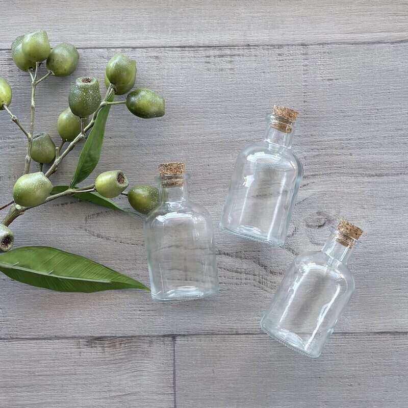 140ml Round Glass Bottle with Natural Cork Stopper x3 lid in