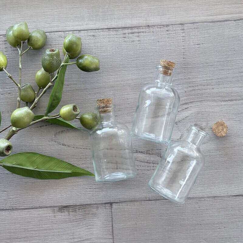 140ml Round Glass Bottle with Natural Cork Stopper x 3 lid out