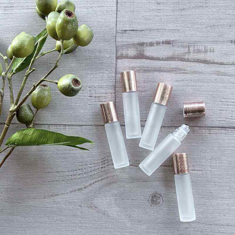 10ml Frosted Roller Bottle with Brushed Rose Gold Lid - 5 Pack LID OFF