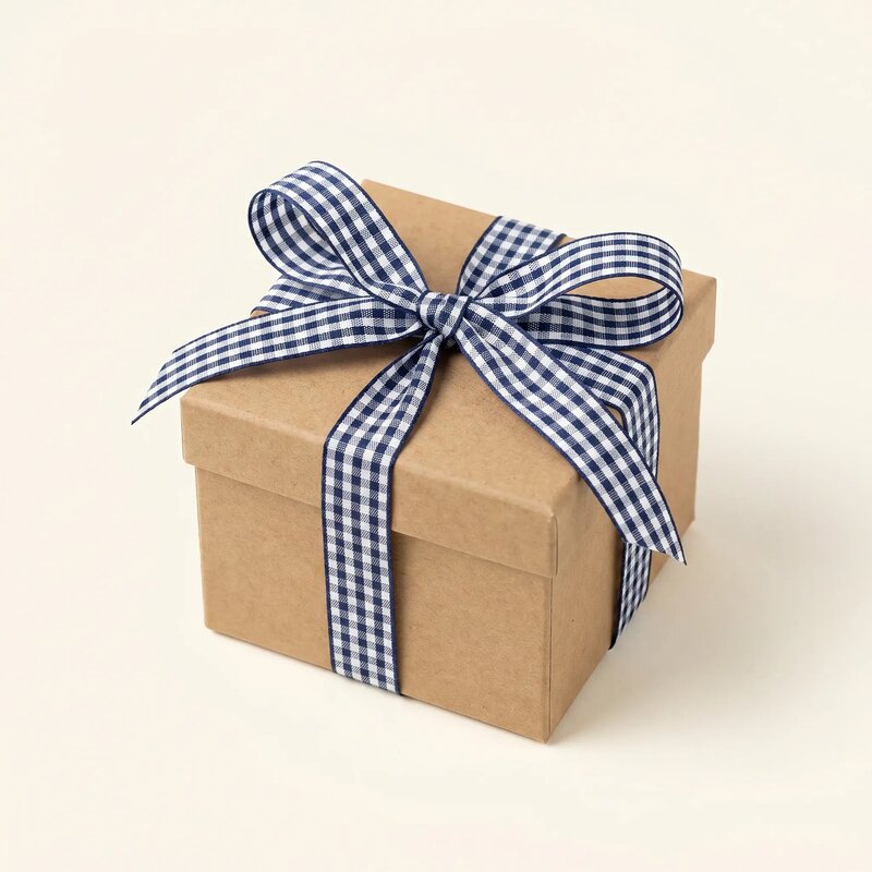 kraft 2 piece gift box with navy gingham ribbon