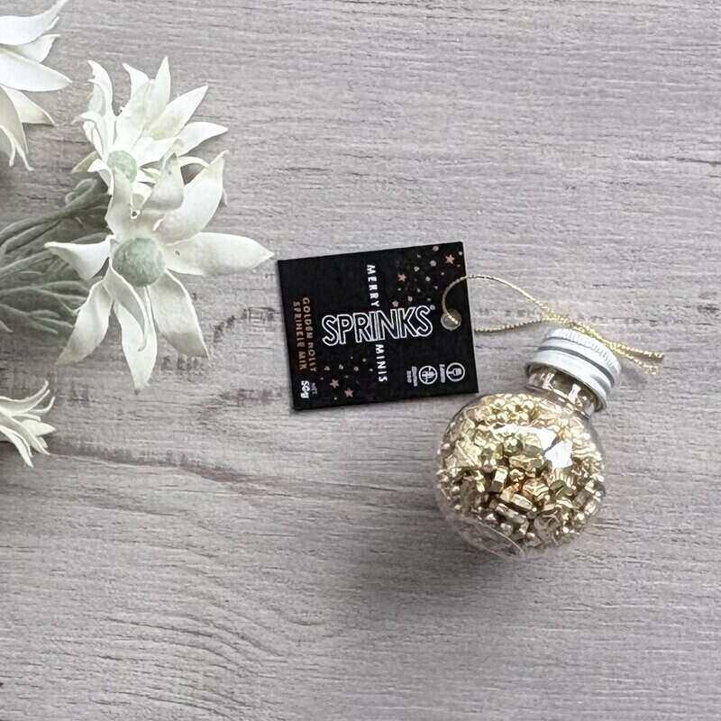 SPRINKS Merry Minis Golden Holly Christmas bauble with JOY lettering, gold hanging cord and 50g of gold pearl and holly leaf sprinkles.