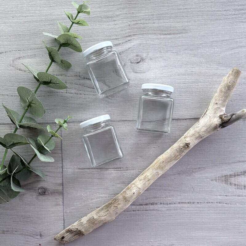 110ML Clear Glass Square Flint Jar - White Lid x3