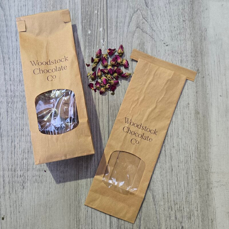 medium tin tie bag with window filled and empty with rose buds next to them custom printed @ centaur packaging Bomaderry