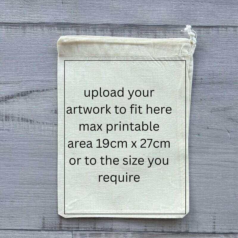 calico drawstring bag with text about print area