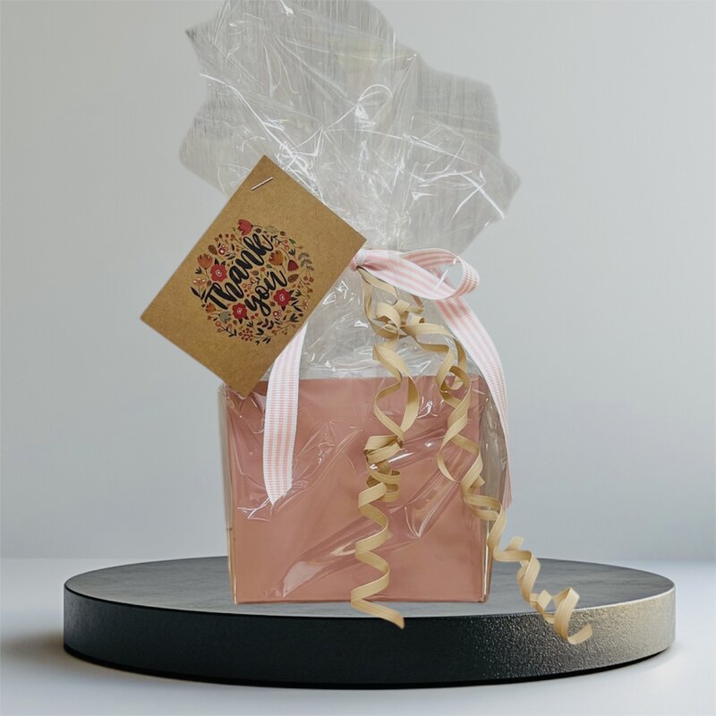 matt pink musk cardboard posie box 13cm x 13cm x 12m with cello wrap and ribbon