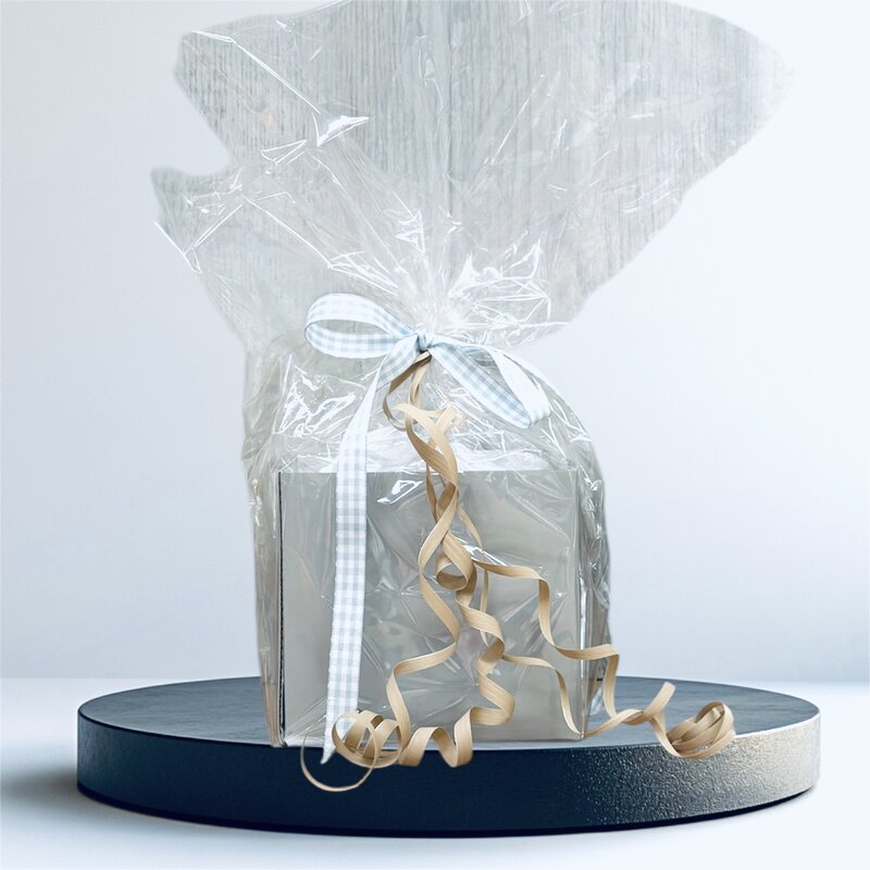 matt sage green cardboard posie box 13cm x 13cm x 12m with cello wrap and ribbon