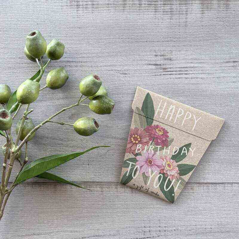 Gift of Seeds Happy Birthday Zinnia seed pack in a birthday-themed cardboard envelope shaped like a flower pot.
