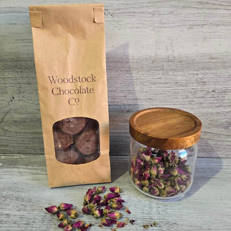 medium tin tie bag with window cookie filled with rose buds in jar next to them custom printed @ centaur packaging Bomaderry