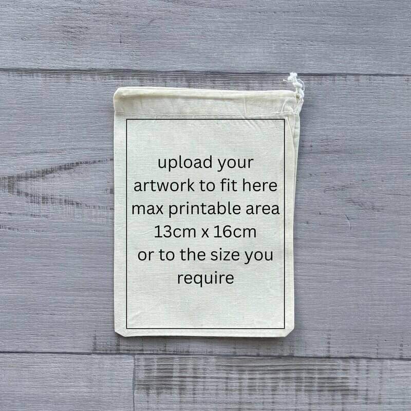 calico drawstring bag with text of print area