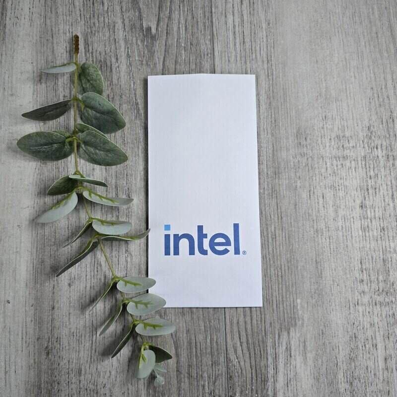 Intel logo on a white card with a green leafy branch on a wooden surface