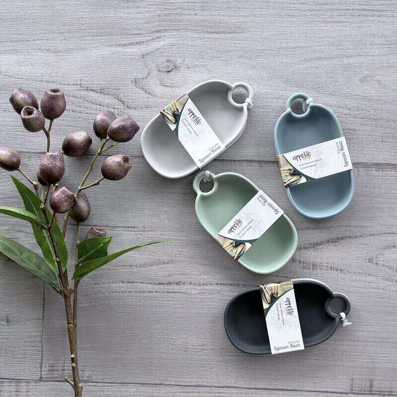 Appetito clay silicone spoon rest for holding cooking spoons, spatulas and ladles on the kitchen benchtop.