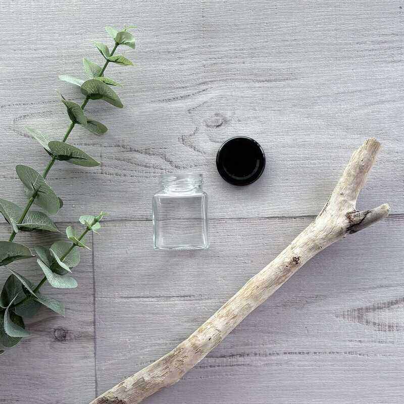 110ML Clear Glass Square Flint Jar - Black Lid off