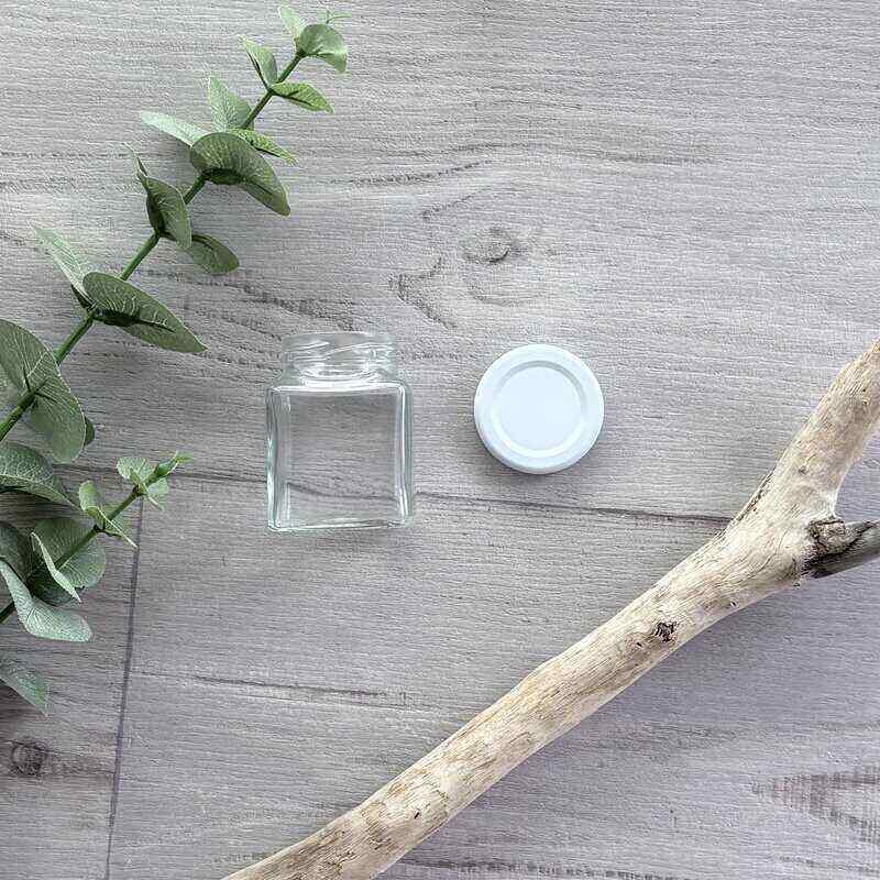 110ML Clear Glass Square Flint Jar - White Lid off