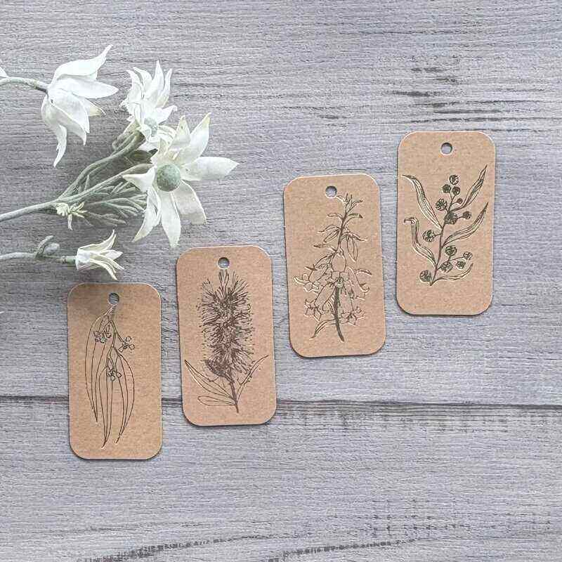 Kraft cardboard botanical gift tags with gold printing, featuring bottlebrush, wattle, gum leaf and honeysuckle designs, 20 pack.