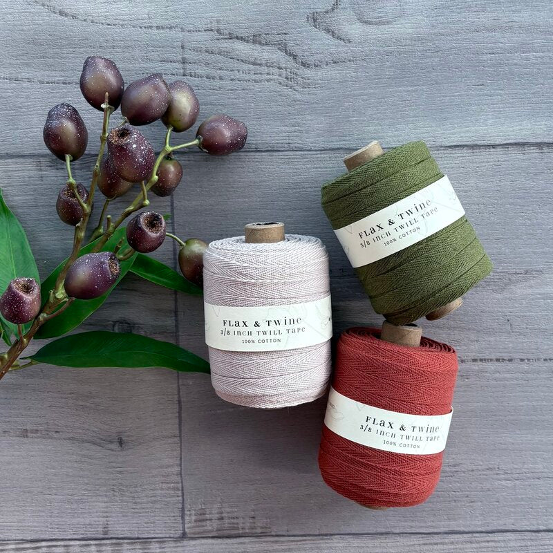 100% cotton twill tape by flax & twine 3/8 inch terracotta, mushroom and olive