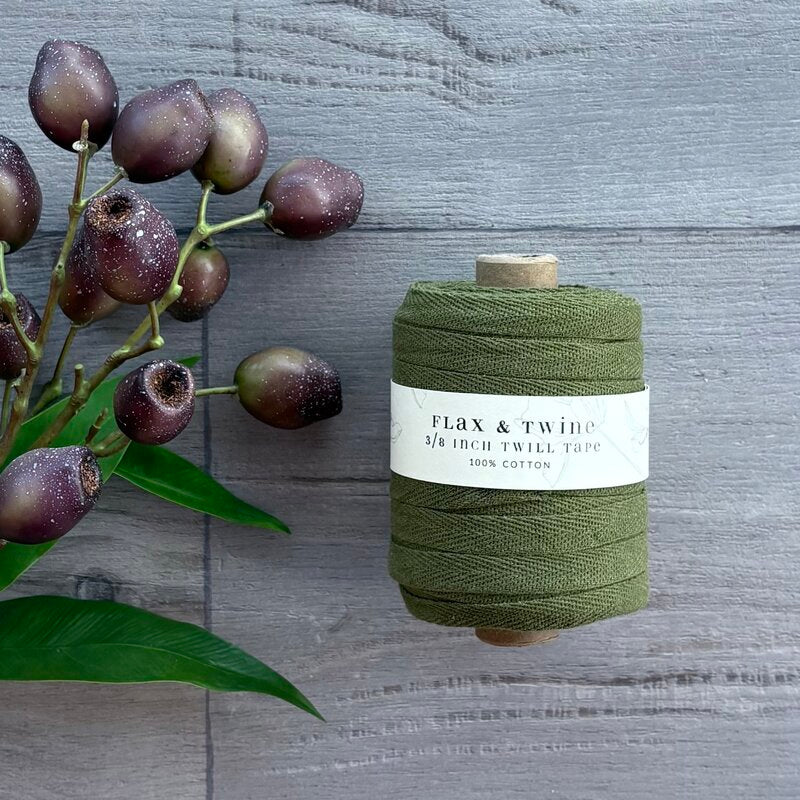 100% cotton twill tape by flax and twine 1cm olive