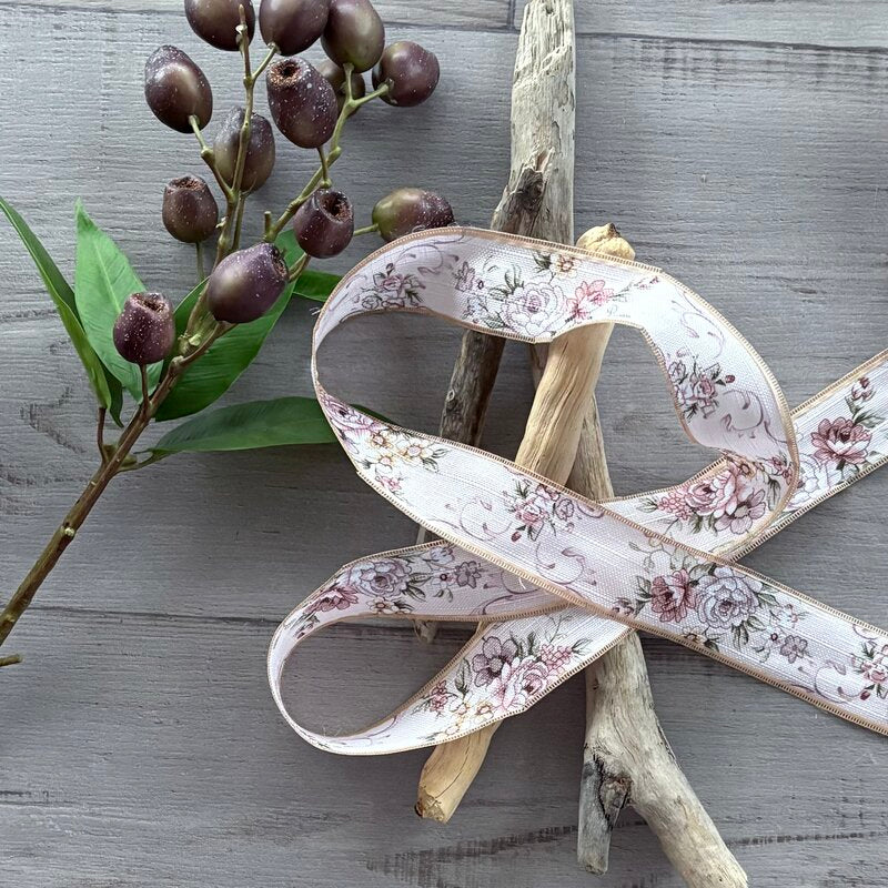 vintage floral roses ribbon with stitched sides 38mm x 10mt