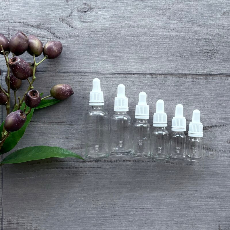 white tamper evident glass droppers & clear glass bottles in a range if sizes