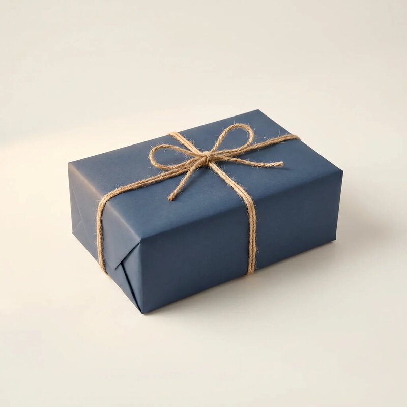 Blue gift box with brown string on a light beige background