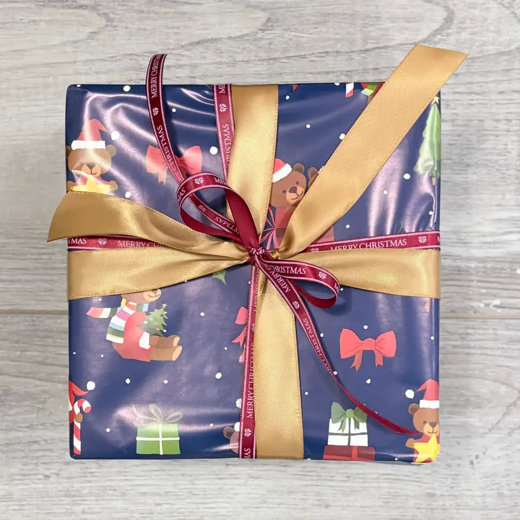Wrapping Paper - Navy Teddy Christmas with gold satin ribbon