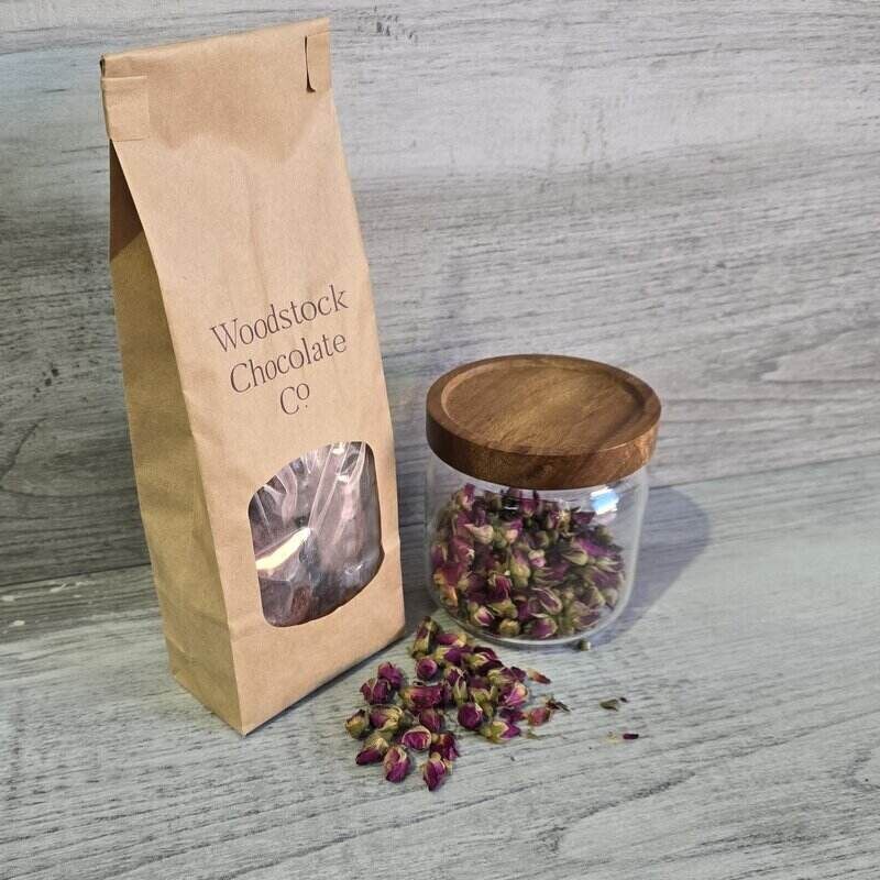 medium tin tie bag with window cookie filled with rose buds in jar next to them custom printed @ centaur packaging Bomaderry