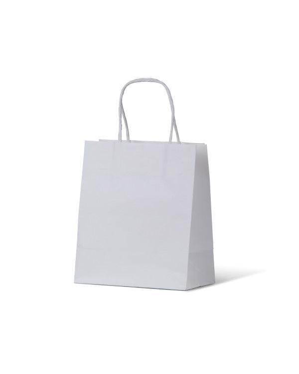 A plain white paper shopping bag with two twisted paper handles, shown on a clean white background with a soft shadow.