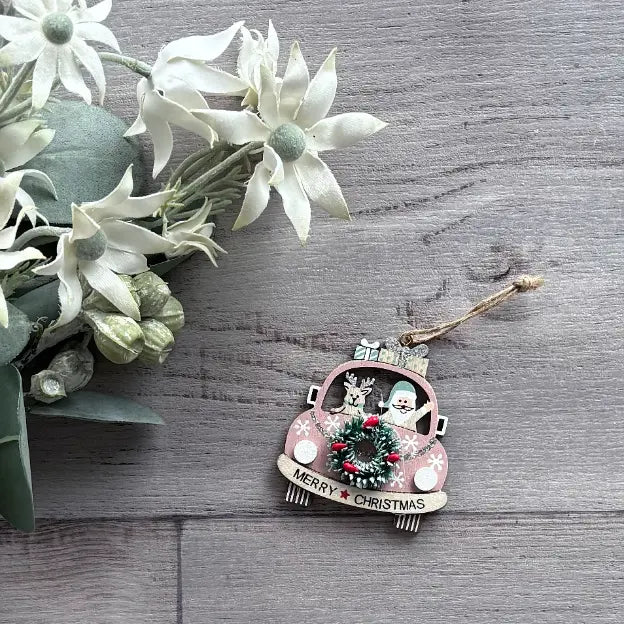 Wooden Hanging VW Christmas Decoration - Pink