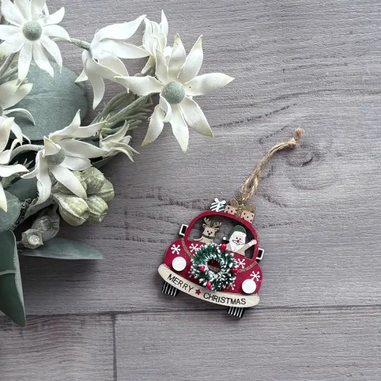 Wooden Hanging VW Christmas Decoration - Red
