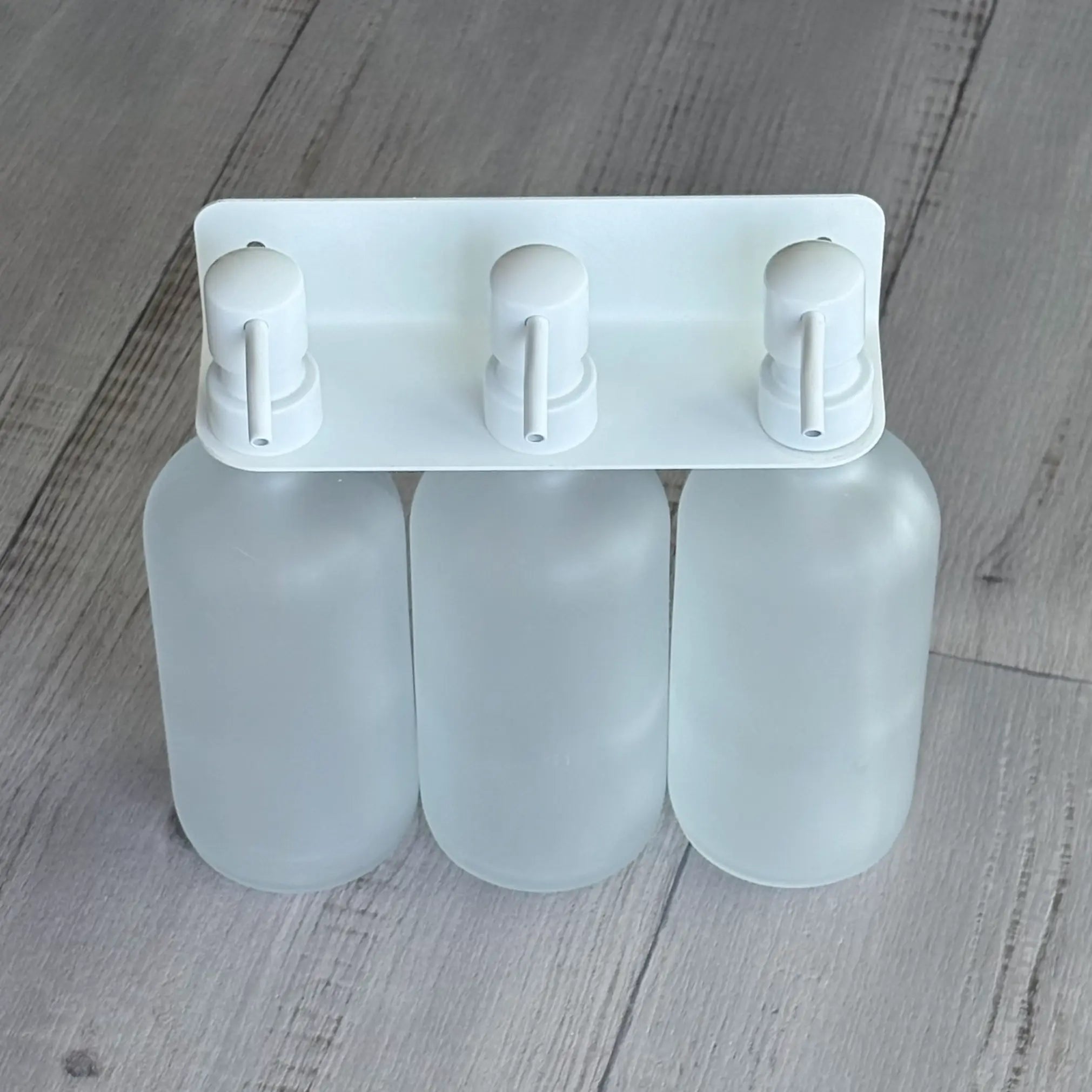 Stainless Steel 304 Soap Bottle Bracket 3 Hole – White WITH THREE FROSTED BOTTLES