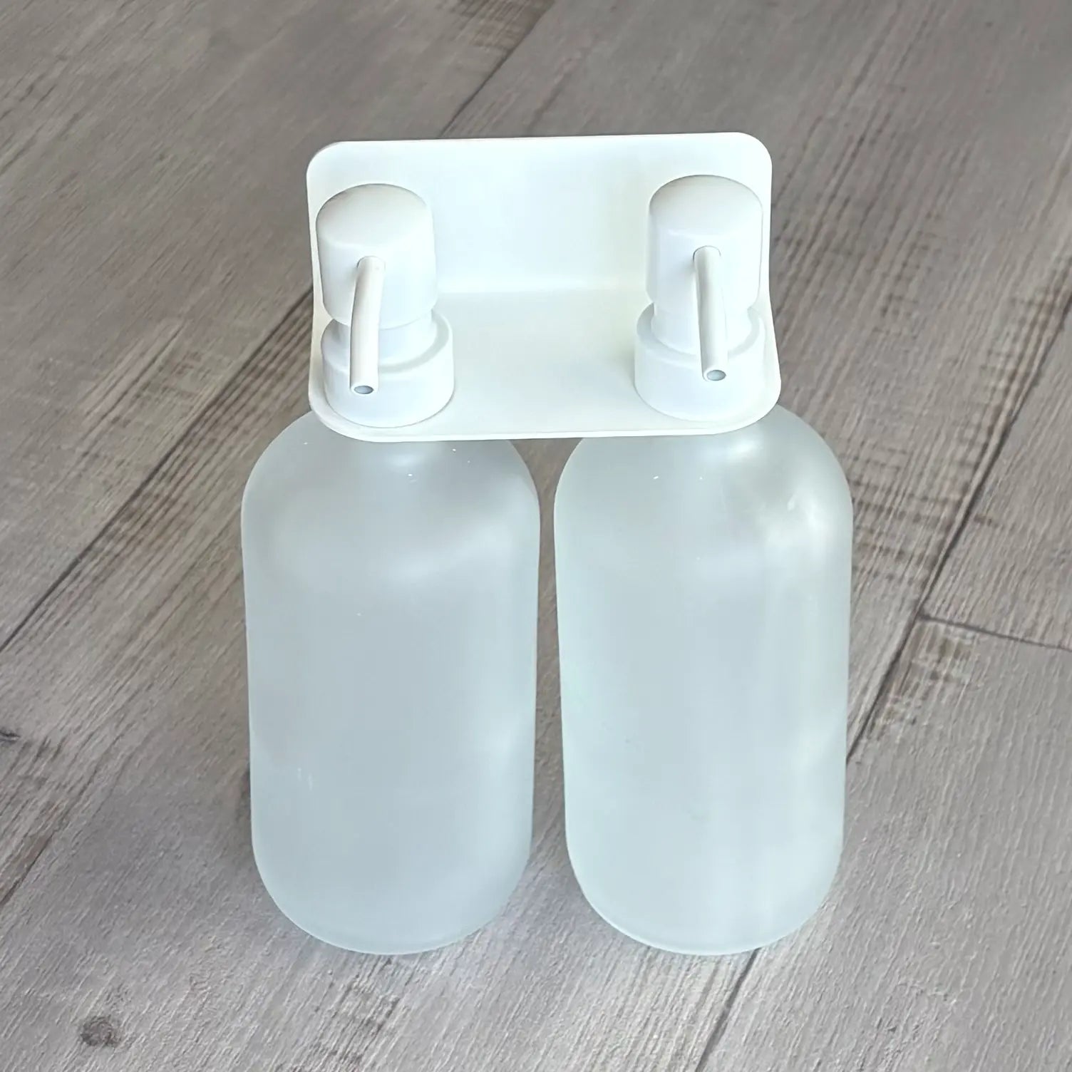 Stainless Steel 304 Soap Bottle Bracket 2 Hole – White with frosted bottle and soap pump