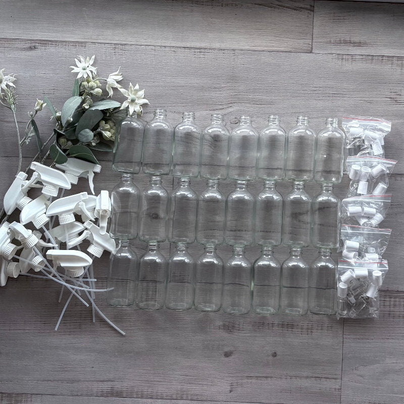 workshop box 3 with 24 x 240ml clear glass bottle 24 x white mister trigger 4 x 5ml clear glass roller with white lid 5 pack - centaur packaging