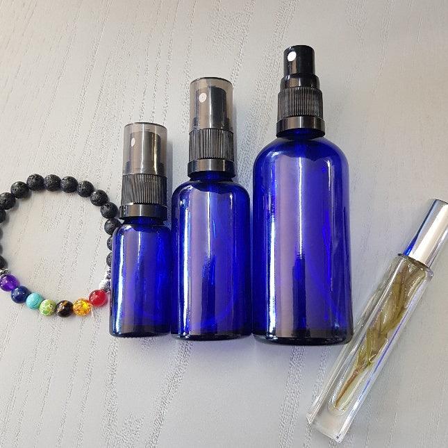 20ml Cobalt Blue Glass Bottle with Black Mister Spray - centaur packaging