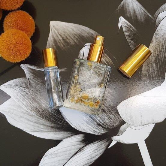 50ml Square Glass Bottle with Gold Perfume Mister - centaur packaging