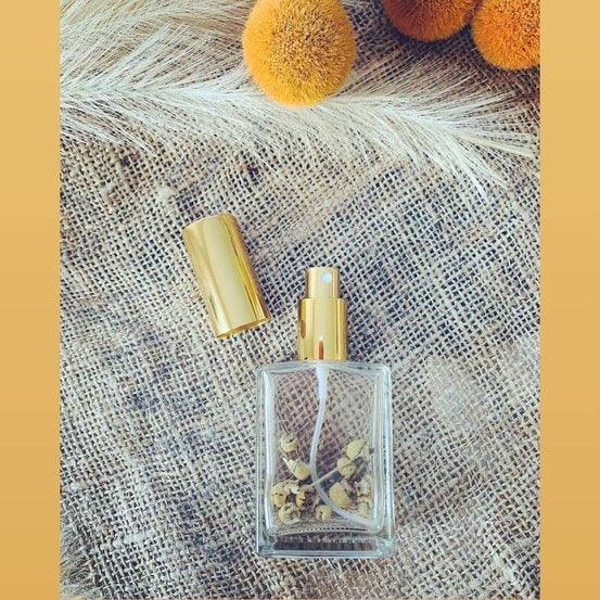 50ml Square Glass Bottle with Gold Perfume Mister - centaur packaging