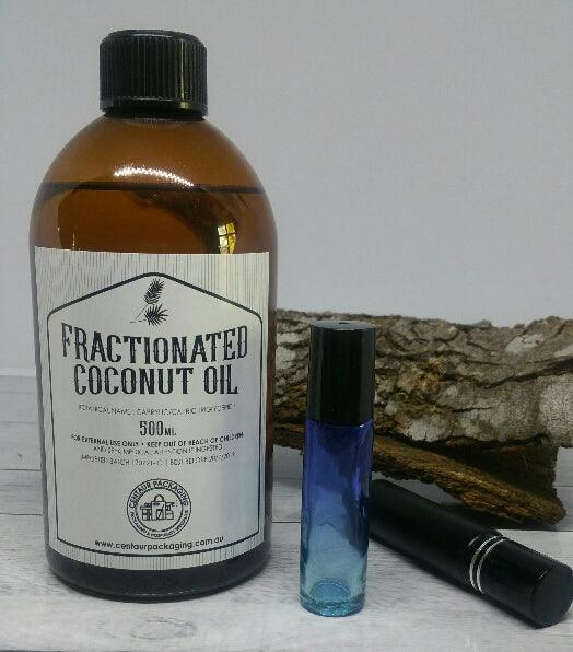 Fractionated Coconut Oil- 500ml - with a ombré roller and a black 10ml roller bottle- centaur packaging
